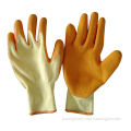 Latex Gloves with Yellow Cotton/Polyester String Knitted Seamless Materials, Latex-coated